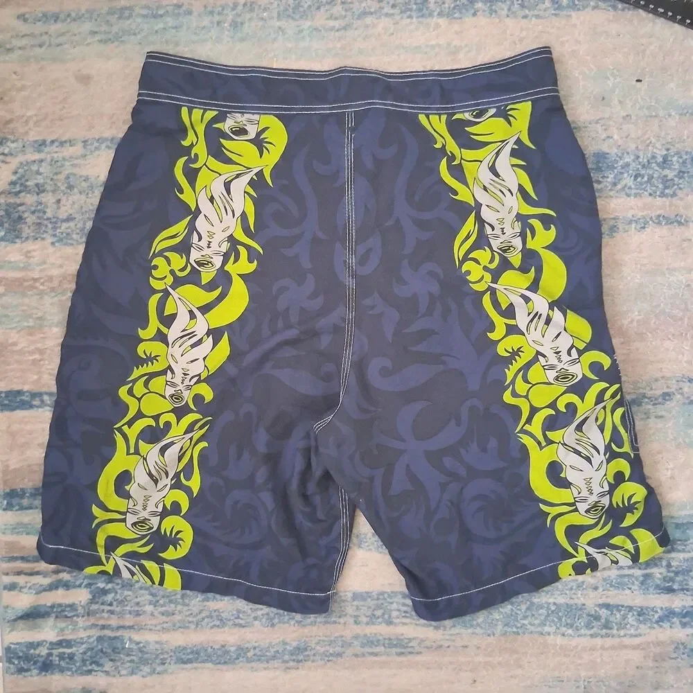 Vtg Rusty Board Shorts Men’s 32 Y2K Tribal Floral Long Surf Tiki Hawaiian Flame